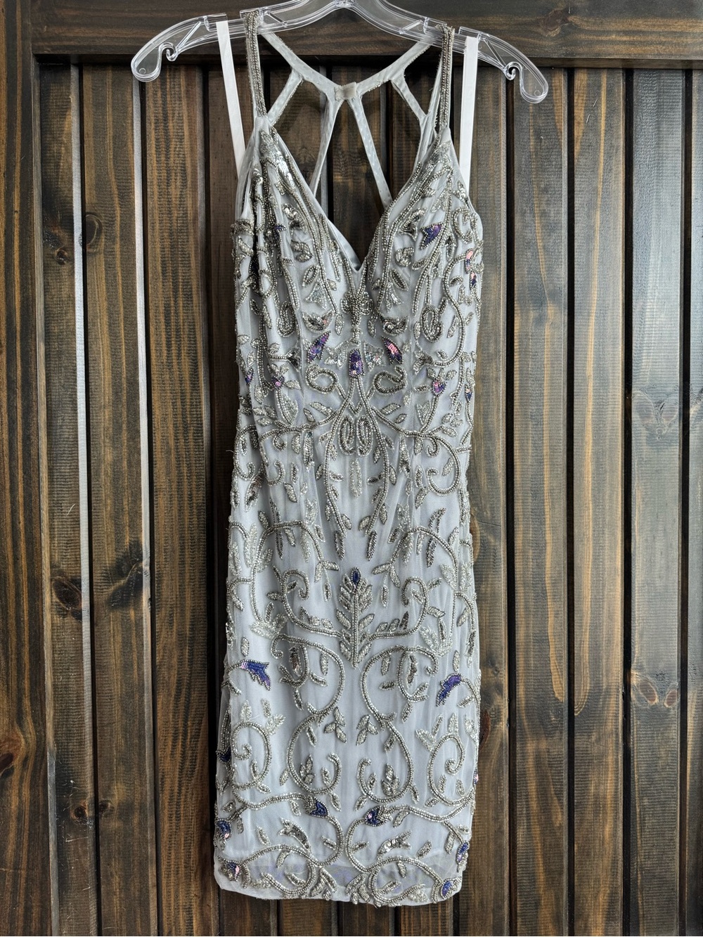 Embellished Silver Beaded Mini Dress with V-Neck